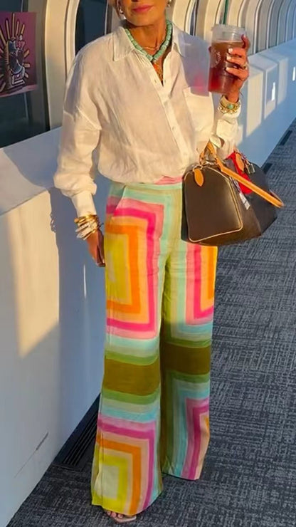 White Linen Shirt & Colorful Geometric Wide-Leg Pants Set