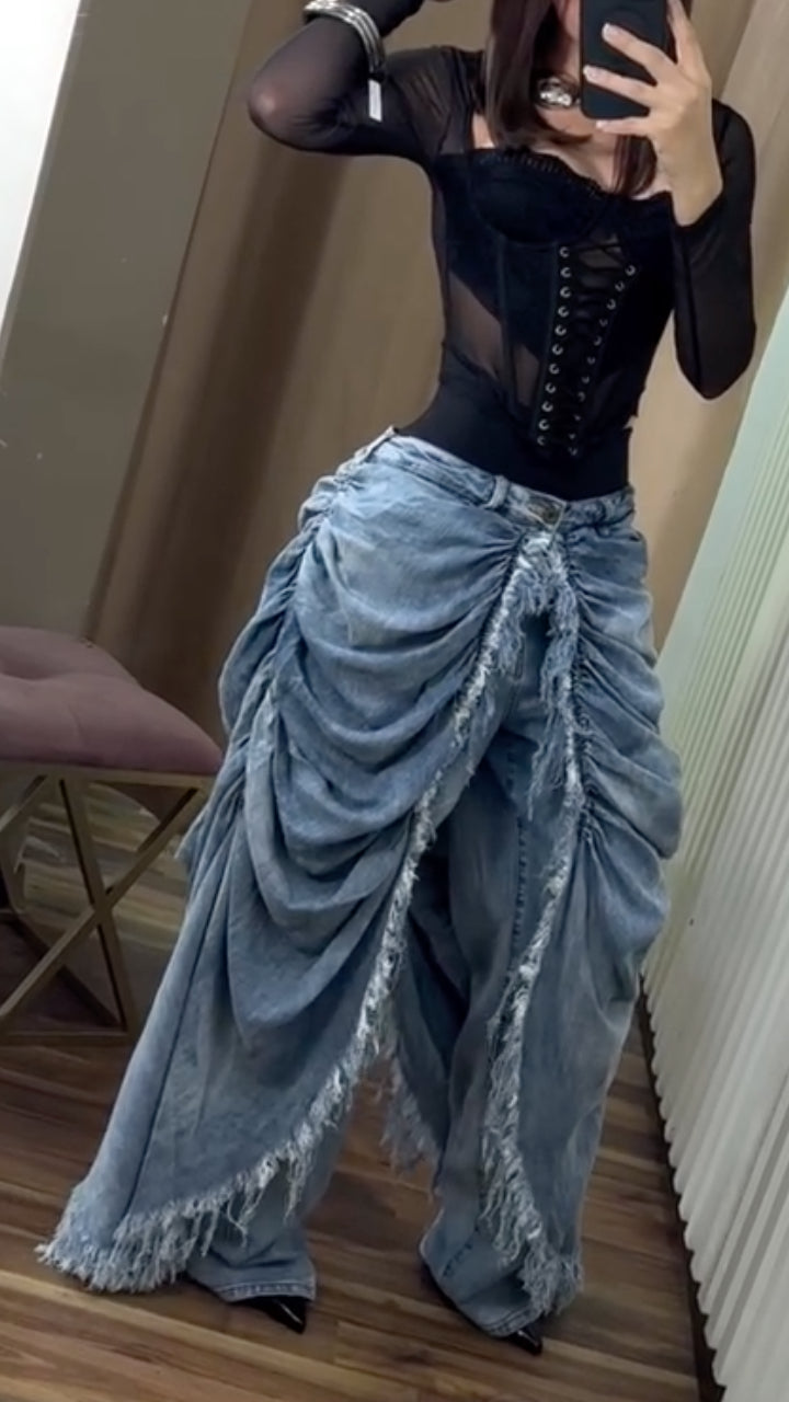 Light Wash Ruched Fringe Wide Leg Denim Pants