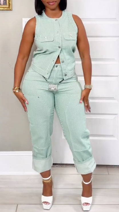 Striped Denim Vest & Capri Pants Co‑Ord Set