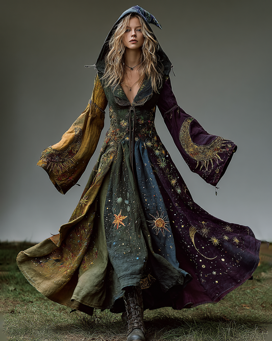 Star And Moon Themed Embroidery Gradient Hooded Witch Dress  8c11