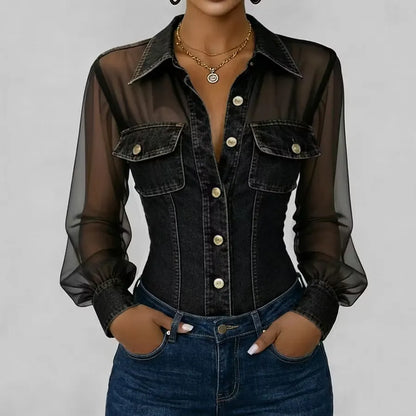 Denim Mesh Sleeve Corset Shirt Bodysuit