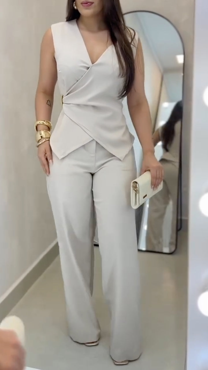 Sleeveless Wrap Front Top and Wide Leg Pants Setet