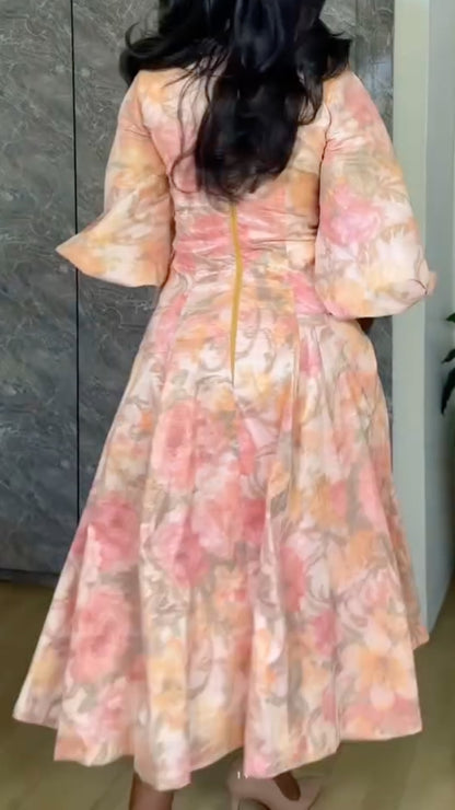 Pink Tie Dye Puff Sleeve Peter Pan Collar Button Front A-Line Midi Dress