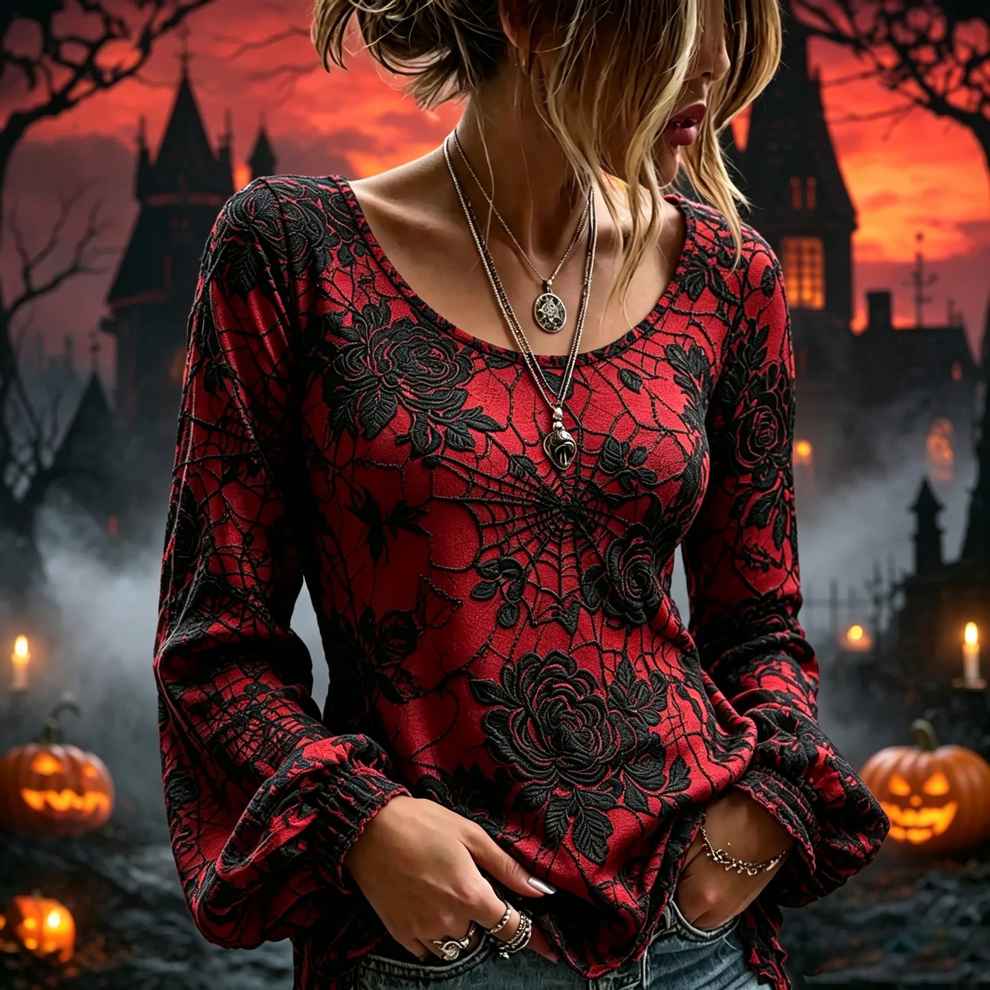 Women's Retro Halloween Spider Web Floral Embroidered Long-sleeved Top