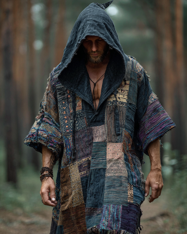 Men's summer vacation ethnic stitching casual linen hooded kaftan a59e