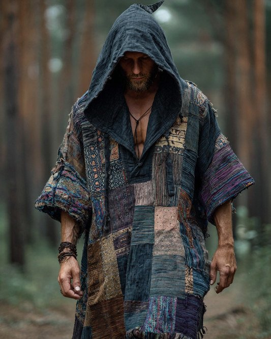 Men's summer vacation ethnic stitching casual linen hooded kaftan a59e