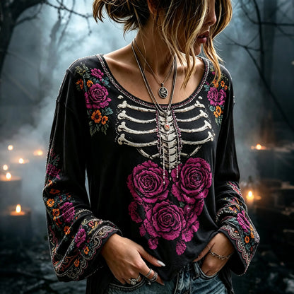 Women's Retro Rose And Skeleton Art Crew Neck Long Sleeve Top