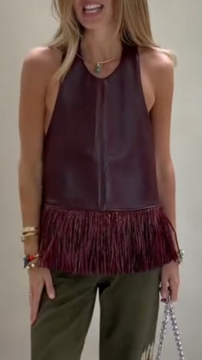 Maroon Leather Fringe Halter Top & Tie-Dye Pants