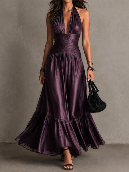 Elegant Purple Satin Halter Neck Pleated Maxi Dress