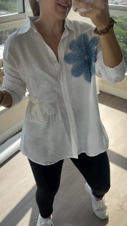 Oversized Floral Embroidery Button‑Down Shirt