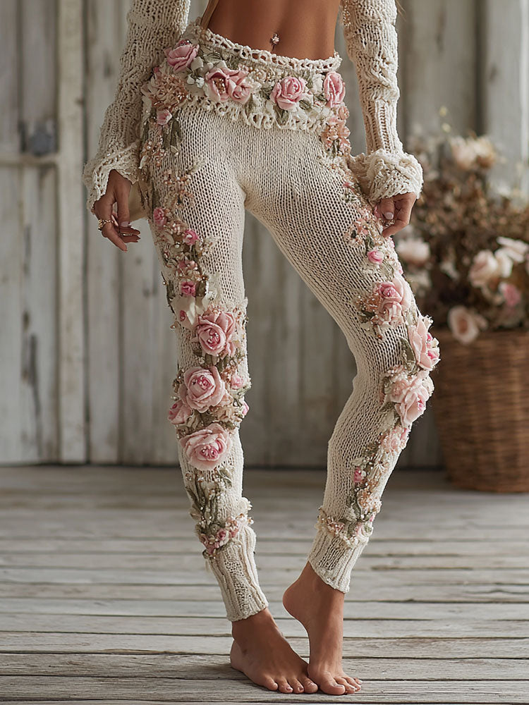 Women's Vintage Pink Floral Art Cozy Knit Leggings