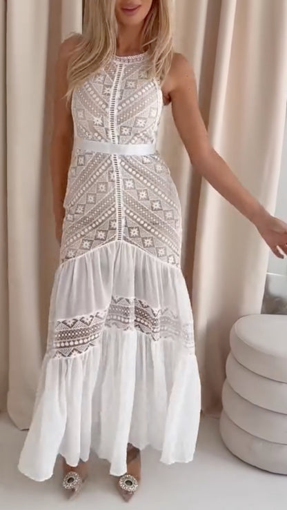White Geometric Lace Halter Maxi Dress