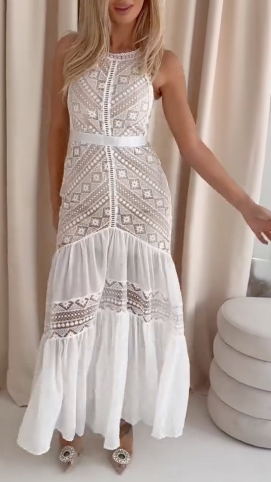 White Geometric Lace Halter Maxi Dress