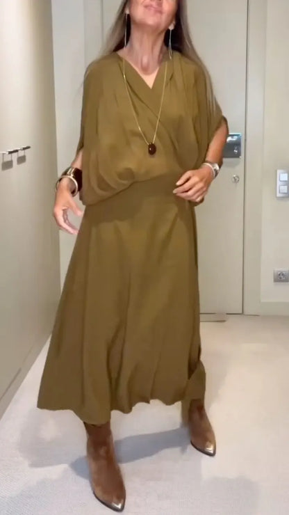 Batwing Sleeve Draped Wrap Midi Dress