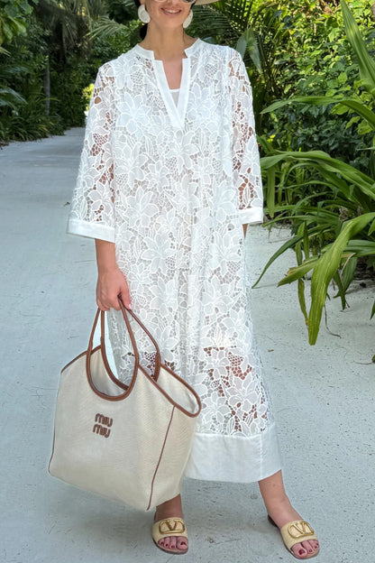 Floral Lace V-Neck Kaftan Midi Dress