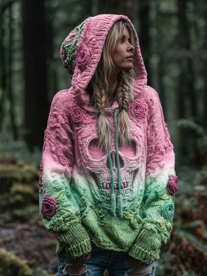 Women's Vintage Viking Skull And Rose Gradient Art Knit Hooded Sweater
