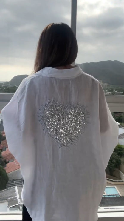 White Linen Button Down Shirt with Sequin Heart Embroidery