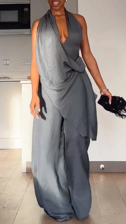 Grey Halter Neck Draped Wide Leg  Pants Set