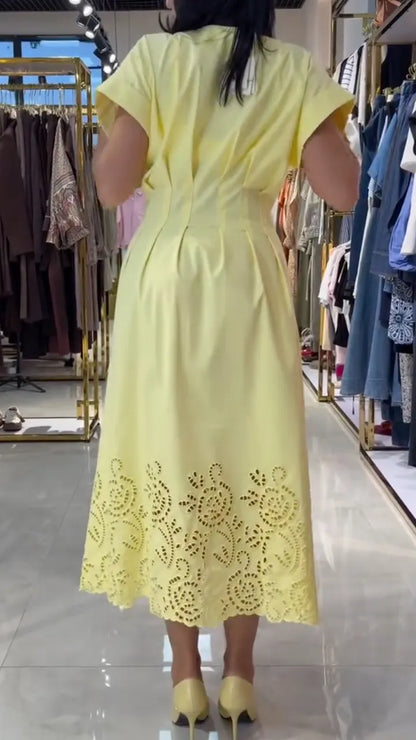 Yellow Button-Front Eyelet Hem Midi Dress