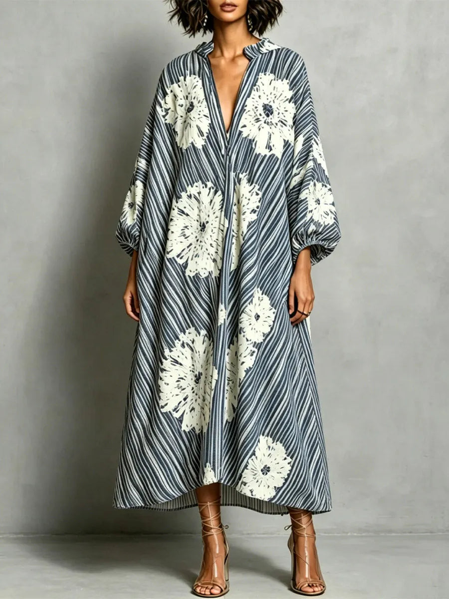 Women's Striped Floral Pattern Art Casual Stylish Long Sleeve Cotton Linen Dress