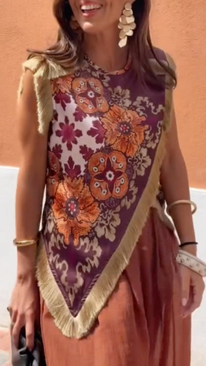 Boho Floral Fringe Asymmetric Top