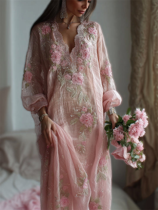 Boho Pink Roses Embroidered Glitter Lace Oversize Linen Maxi Dress