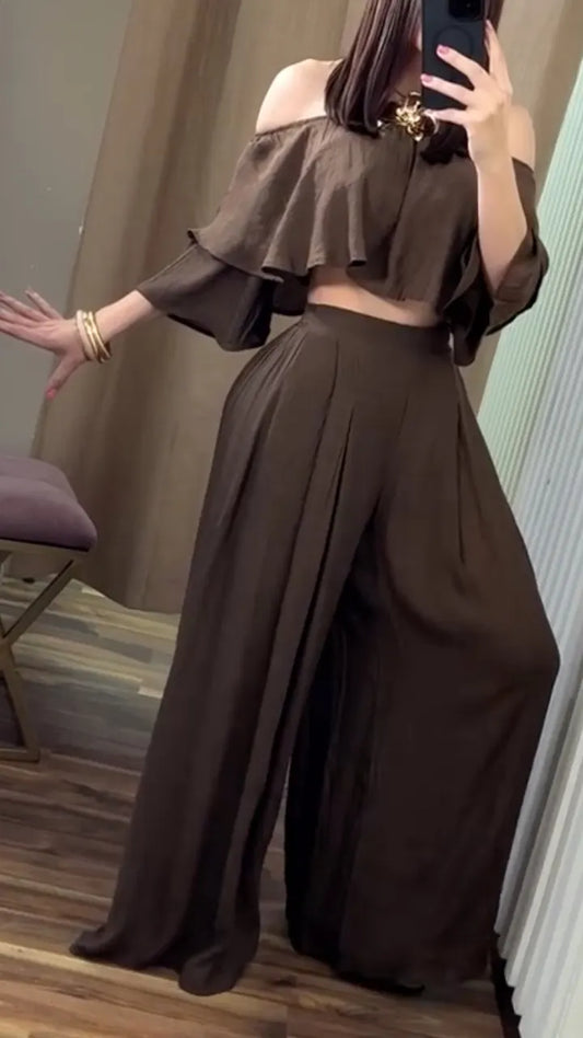 Off-Shoulder Crop Top & Wide Leg Pants Set