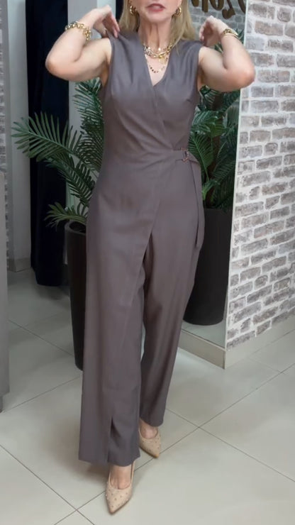 Taupe Wrap-Front Sleeveless Jumpsuit