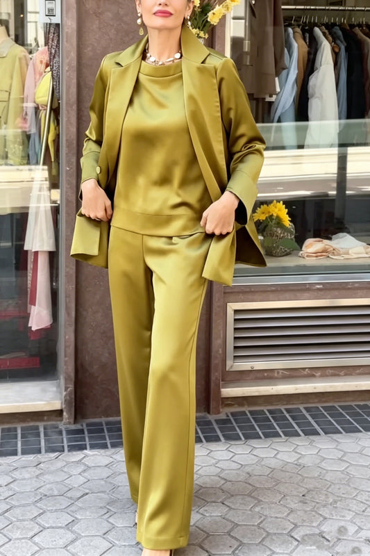 Olive Green Satin Blazer, Top & Wide Leg Pants Co-Ord Set