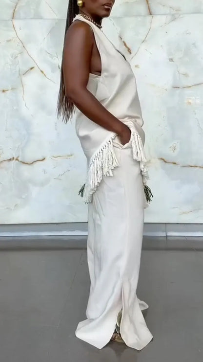 Fringe Halter Top & Flared Pants Two Piece Suit