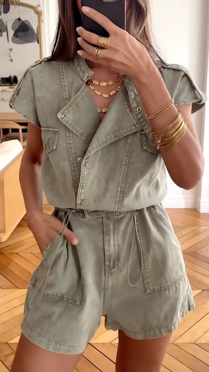 Distressed Military Green Denim Workwear Romper with Lapel Collar