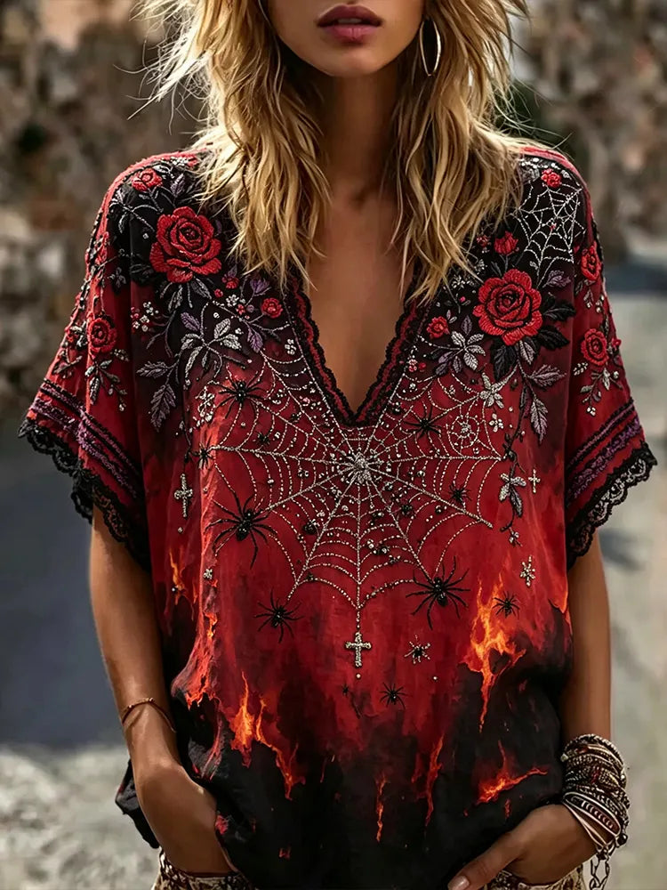Women's Halloween Spider And Rose Art Embroidery Gradient Cotton Linen Short-sleeved Top