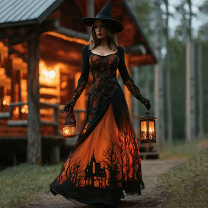 Women's Halloween Horror Treehouse Design Witch Maxi Dress