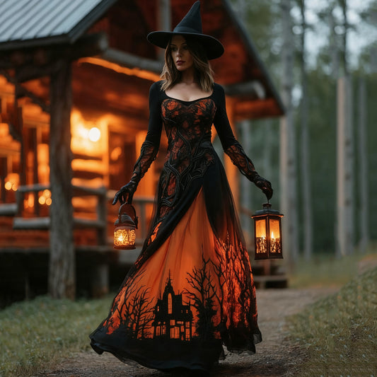 Women's Halloween Horror Treehouse Design Witch Maxi Dress