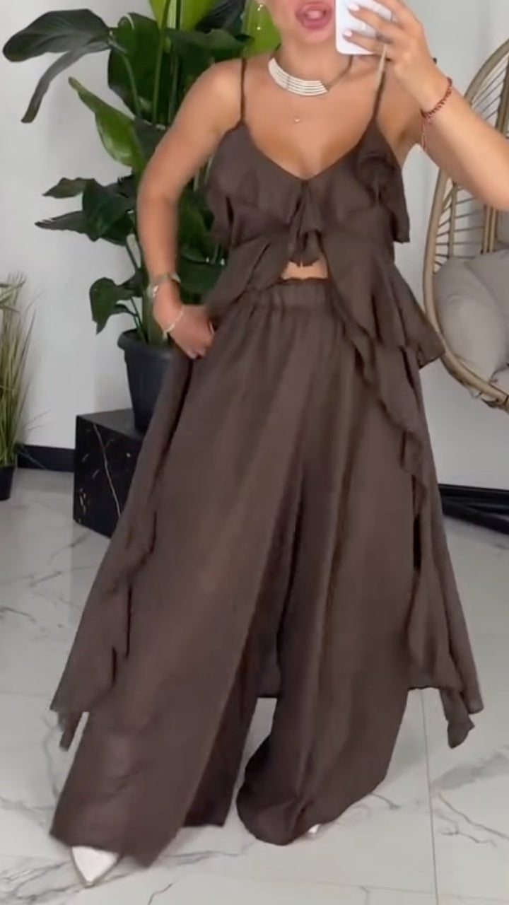 Women's V-Neck Ruffled Strappy Top & Wide-Leg Pants Set