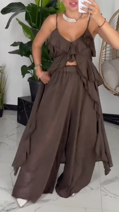 Women's V-Neck Ruffled Strappy Top & Wide-Leg Pants Set