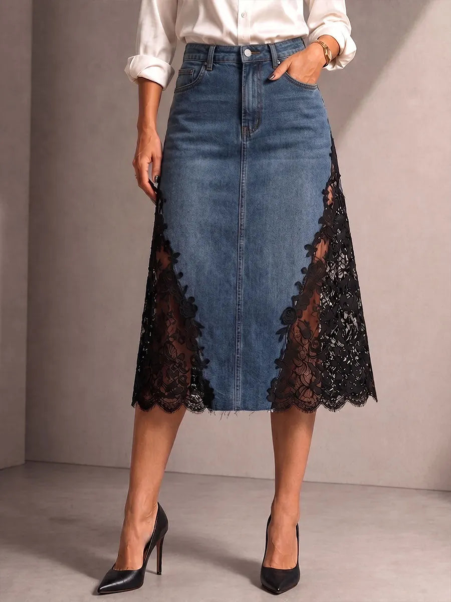 Women's High-waisted Loose-fit A-line Denim Skirt With Lace Paneling