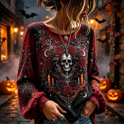 Women's Gothic Rose And Filigree Skull Print Long Sleeve Blouse