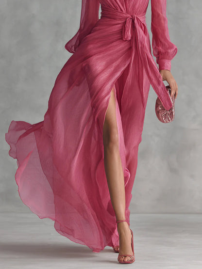 Elegant Rose Pink Chiffon V-neck Tie-waist Long Dress
