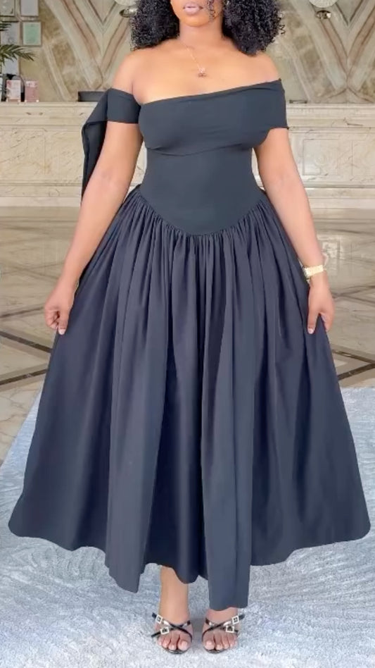 Off Shoulder Bow Sleeve High Waist Full Skirt Midi Formal Party Dress