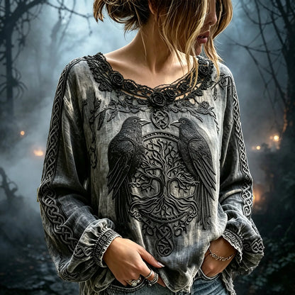 Women's Vintage Hallowen Gothic Raven Life Tree Art Witch Top