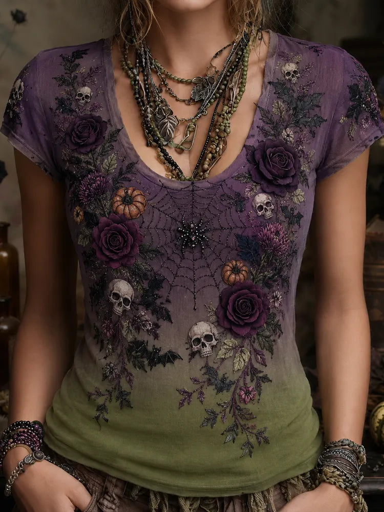 Women's Halloween Gothic Ombre Skull, Spiderweb & Rose Short-sleeve Top