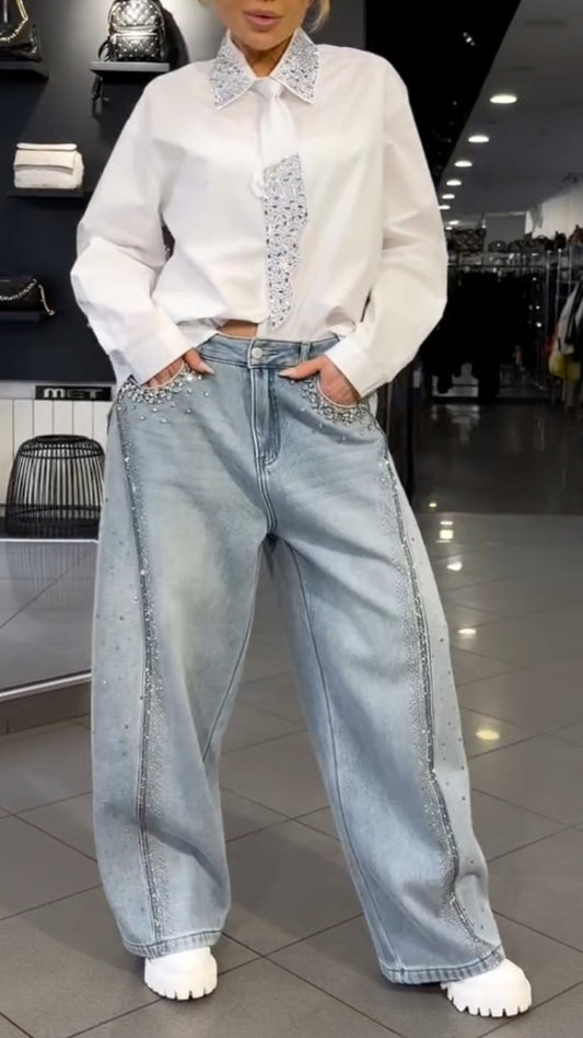 White Rhinestone Shirt Rhinestone Wide Leg Jeans Set