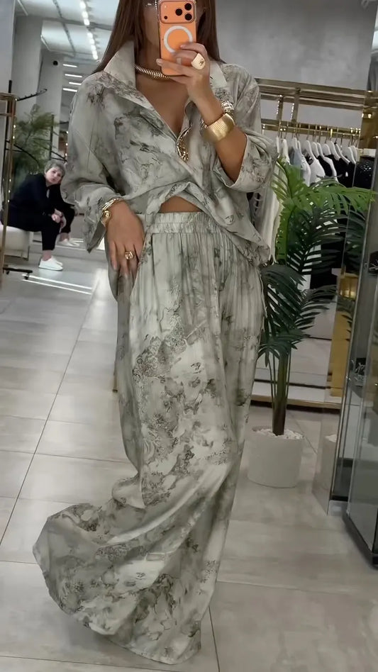 Print Oversized Shirt & Wide Leg Pants Co-Ord Set