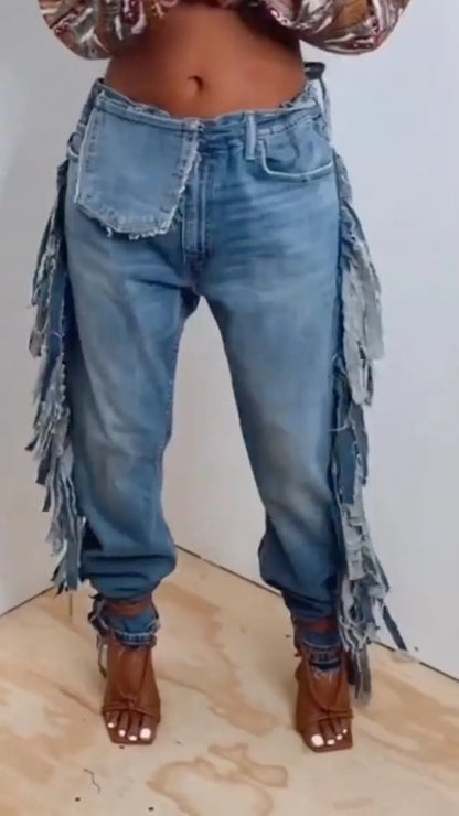 Distressed Fringe Jogger Denim Pants
