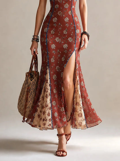 Rust-red Floral Print Chiffon High-slit Spaghetti Strap Maxi Dress