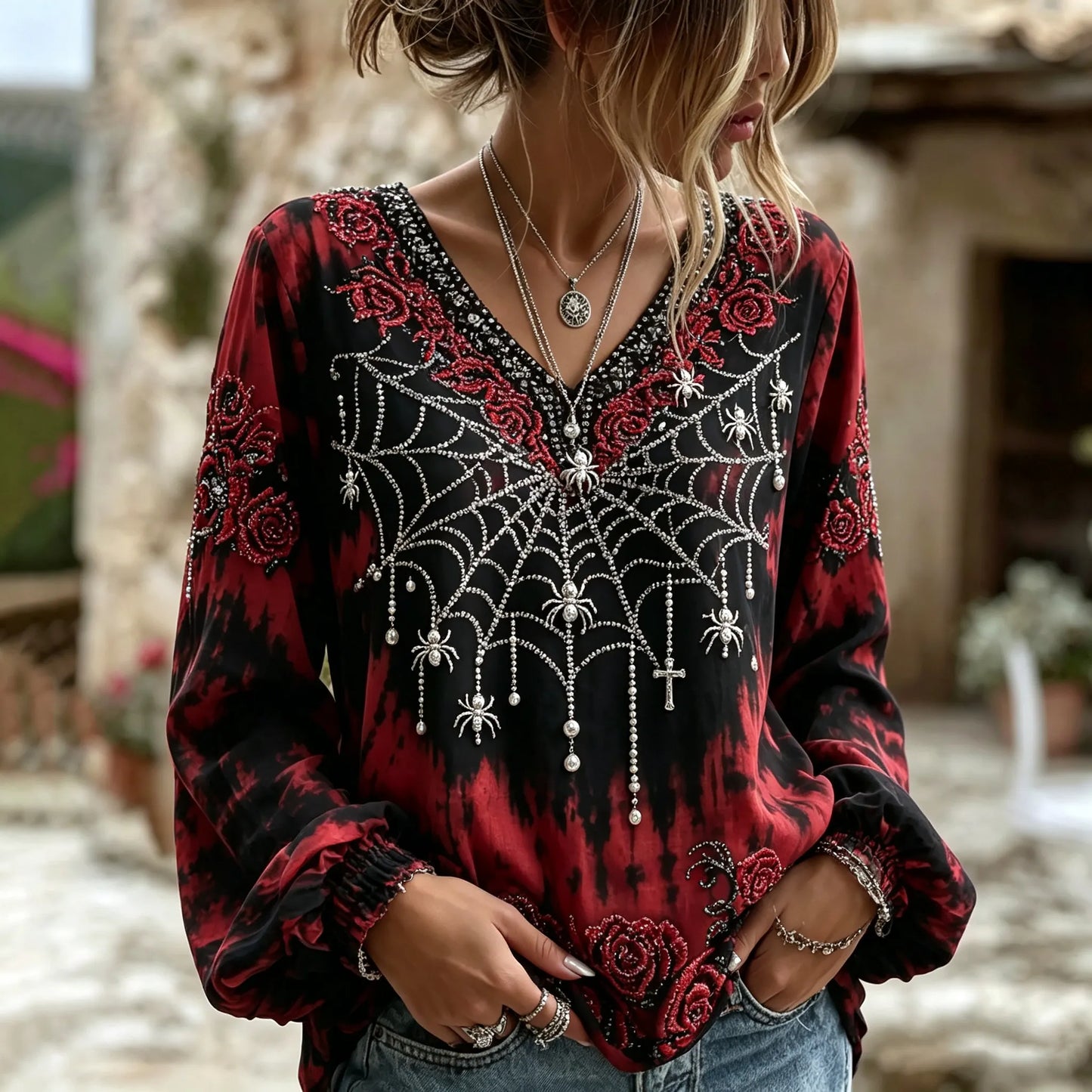 Women's Rose Flowers Spider Web Art Print Flowy Linen Blend Long Sleeve Casual Tops