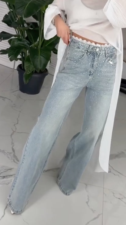 Women's Asymmetrical Chiffon Blouse + Rhinestone-Embellished Flared Jeans Set
