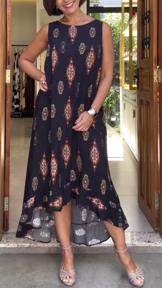 Black Sleeveless Geometric Print High-Low Dress