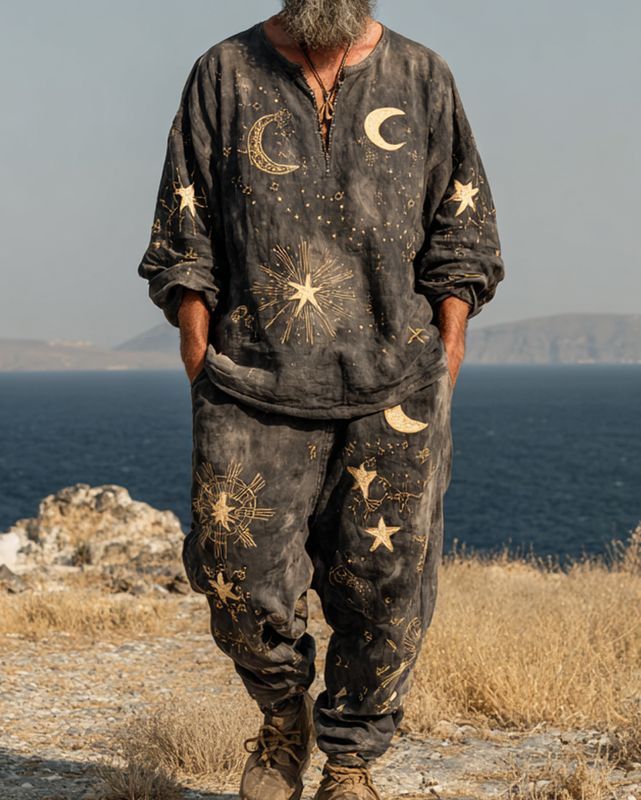 Men's Casual Star and Moon Embroidery Long Sleeve Top & Pants Two-piece Set 9247